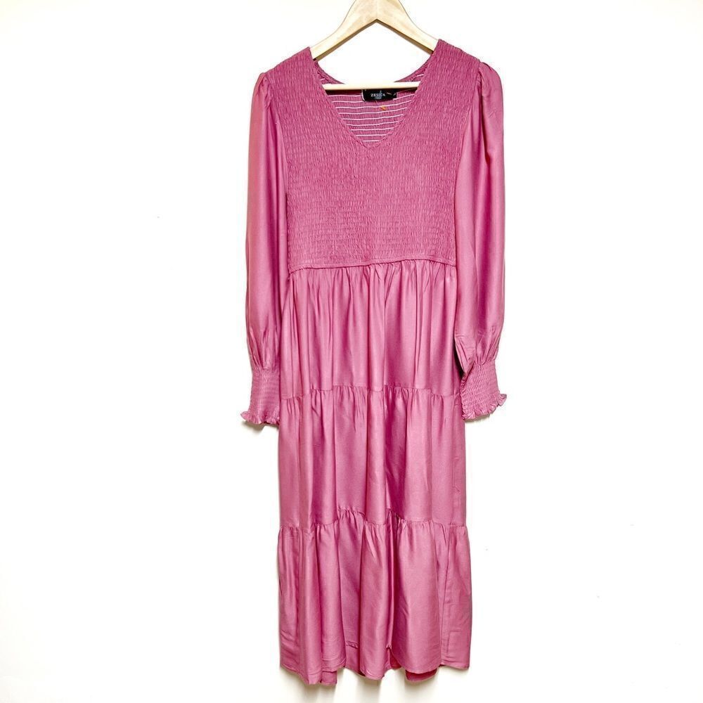 NWT Zesica Rose Long Sleeve Smocked Tiered Ruffle Peasant Dress Sz M (L)